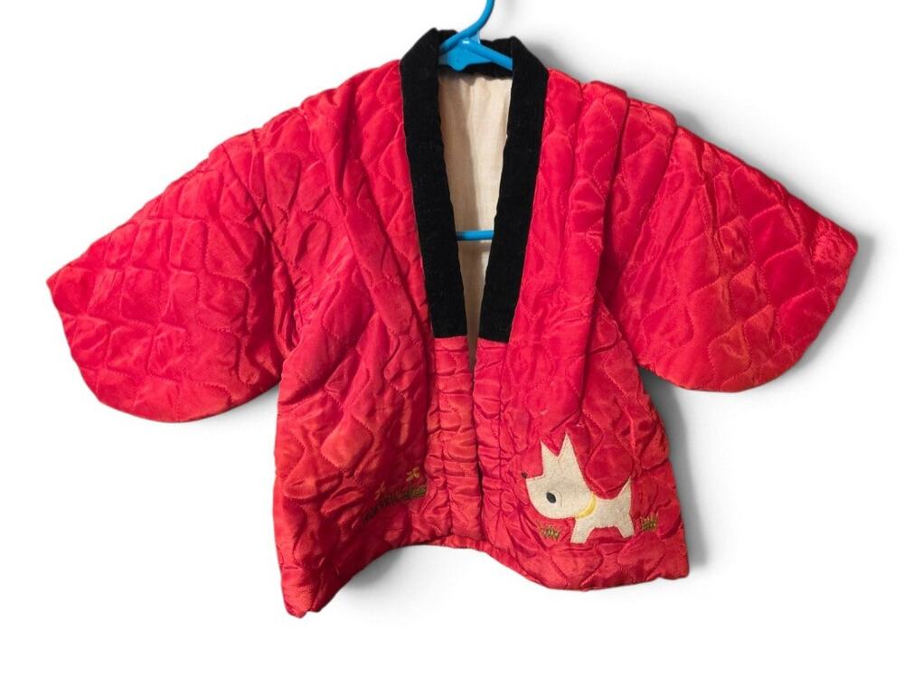 Rare 1940s 1950s Childs Red Quilted Satin Jacket Scottie Dog Applique Vintage